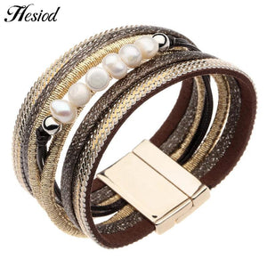 Crystal Pearl Wide Bracelet Vintage Multilayer Leather Women's Jewelry