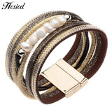 Crystal Pearl Wide Bracelet Vintage Multilayer Leather Women's Jewelry