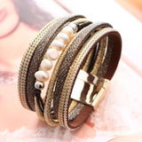 Crystal Pearl Wide Bracelet Vintage Multilayer Leather Women's Jewelry