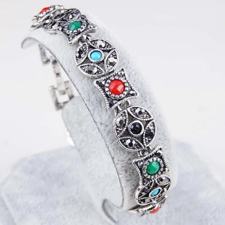 Bohemian Crystal Bracelet Women Ethnic Tibetan Silver Wristband