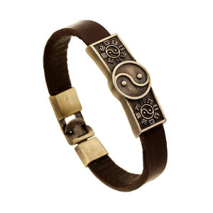 Vintage Ethnic Alloy Taiji Charms Leather Cuff Men Bracelet