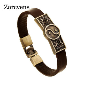 Vintage Ethnic Alloy Taiji Charms Leather Cuff Men Bracelet