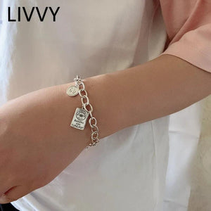 Vintage Silver Square Letter Pendant Bracelet for Men Women