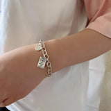 Vintage Silver Square Letter Pendant Bracelet for Men Women