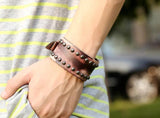 Rivet Biker Bracelet Men Jewelry Brown Leather Adjustable Wide Wristband