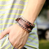 Rivet Biker Bracelet Men Jewelry Brown Leather Adjustable Wide Wristband