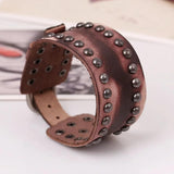 Rivet Biker Bracelet Men Jewelry Brown Leather Adjustable Wide Wristband