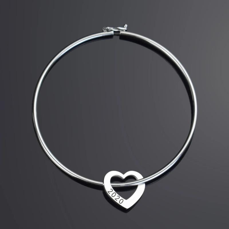 Engraved Stainless Steel Bangle Year Number Bracelet with Heart Shape Charm