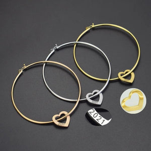 Engraved Stainless Steel Bangle Year Number Bracelet with Heart Shape Charm