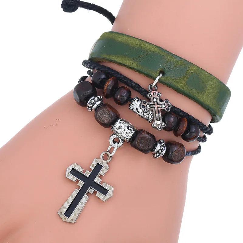 Punk Christian Jesus Cross Men's Leather Bracelet Wood Beads