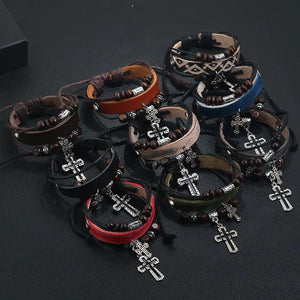 Punk Christian Jesus Cross Men's Leather Bracelet Wood Beads