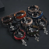 Punk Christian Jesus Cross Men's Leather Bracelet Wood Beads