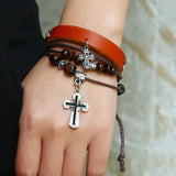Punk Christian Jesus Cross Men's Leather Bracelet Wood Beads