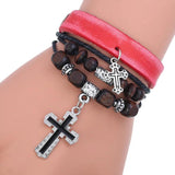 Punk Christian Jesus Cross Men's Leather Bracelet Wood Beads