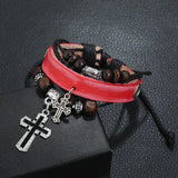 Punk Christian Jesus Cross Men's Leather Bracelet Wood Beads