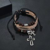 Punk Christian Jesus Cross Men's Leather Bracelet Wood Beads