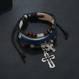 Punk Christian Jesus Cross Men's Leather Bracelet Wood Beads