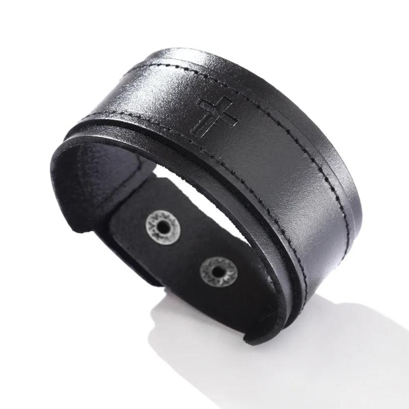 Kirykle Vintage Punk Leather Bracelet Rock Wide Cowhide Cross Bracelet