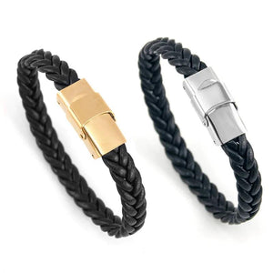 Leather Bracelet for Men Women Stainless Steel Bangles