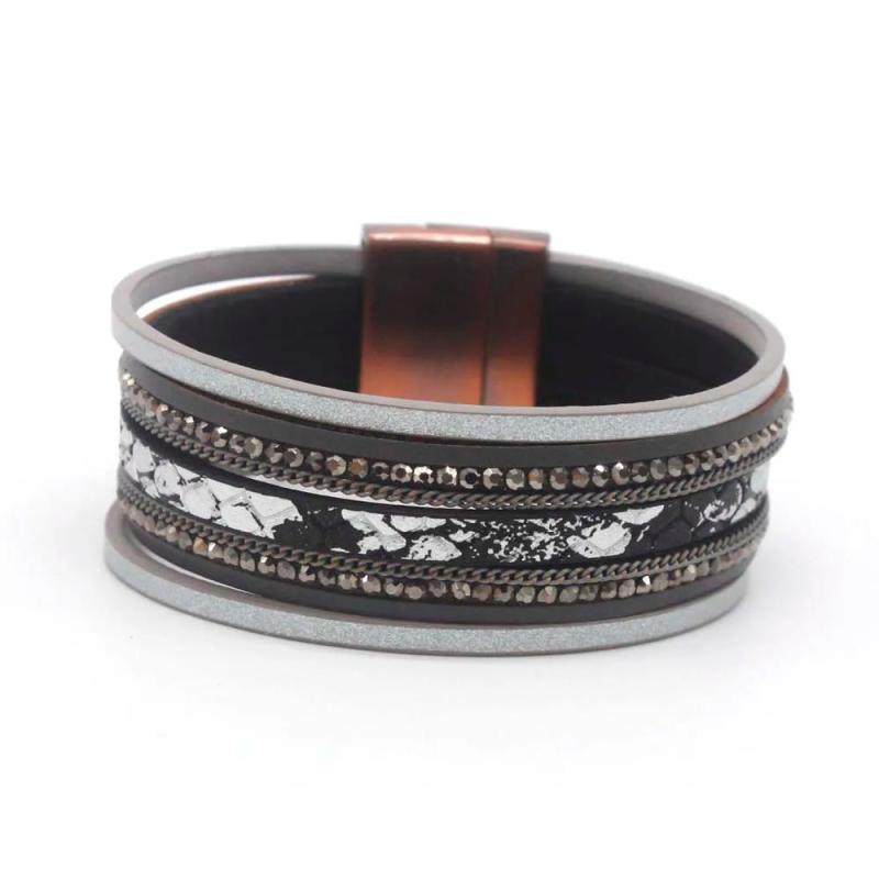 Bohemian Leather Cuff Bracelet with Crystal Charms