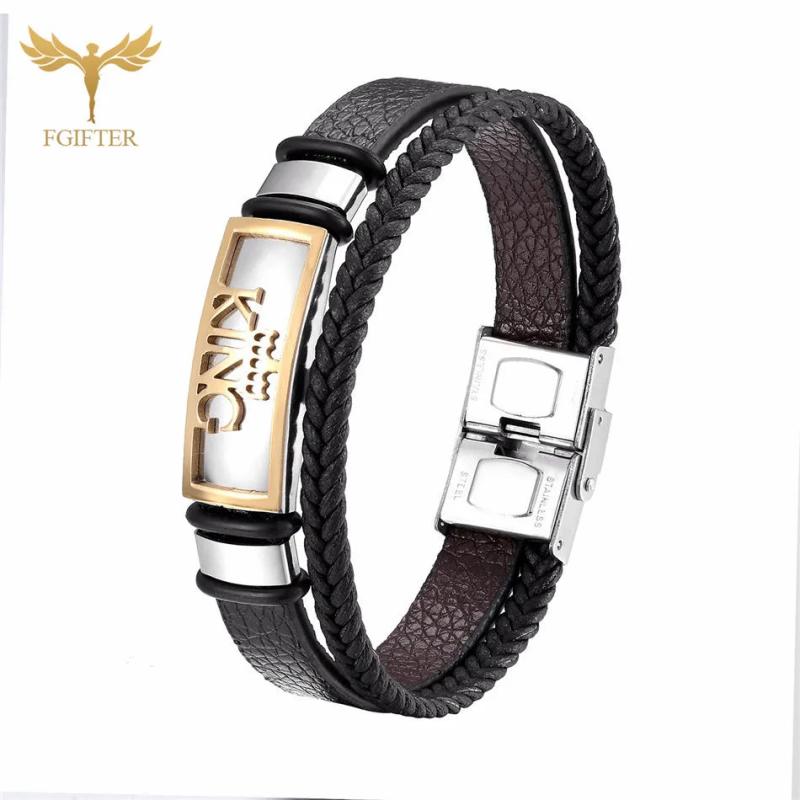 King Crown Men Bracelet Stainless Steel Leather Bracelets & Bangles