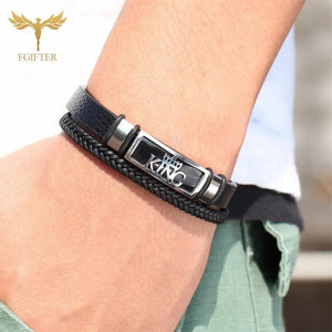 King Crown Men Bracelet Stainless Steel Leather Bracelets & Bangles