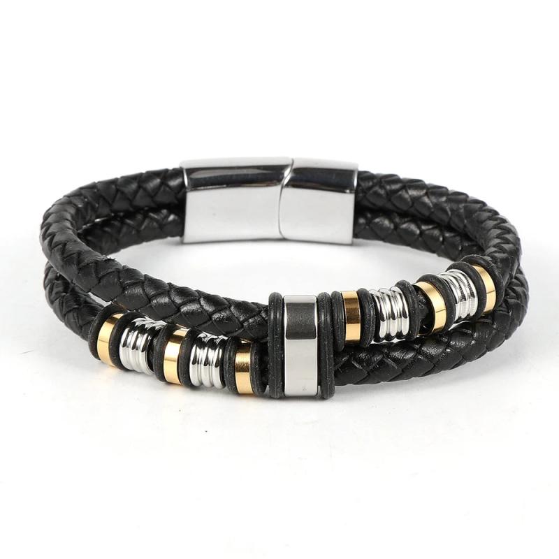 Leather Stainless Steel Charm Men's Bracelet Magnetic Bangle