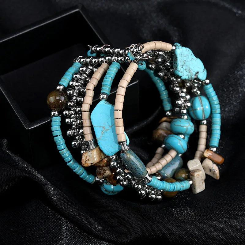 Ethnic Vintage Bohemian Cuff Bracelet with Natural Stone Beads