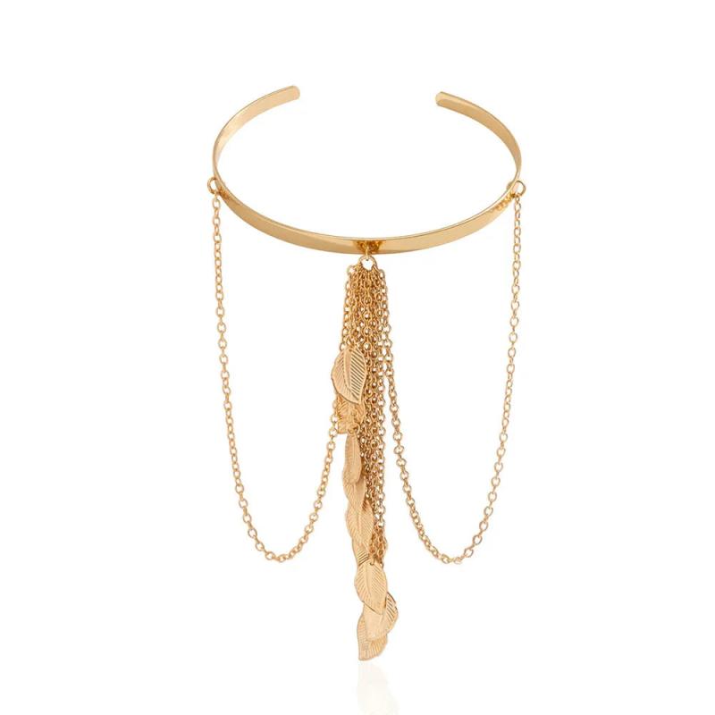 Leaf Charm Arm Bracelet for Women Metal Leaves Tassel Arm Cuff Bangle