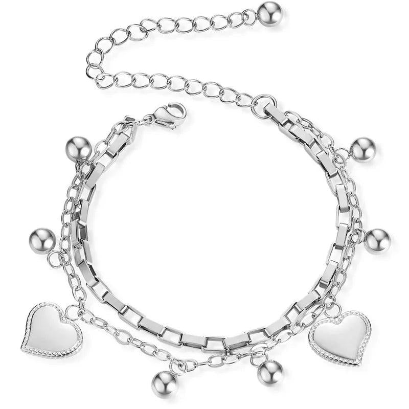 Silver Heart Charm Bracelets for Women - Multi-layer Stainless Steel