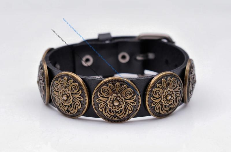 Western Flower Carved Concho Leather Bracelet Cuff