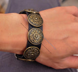 Western Flower Carved Concho Leather Bracelet Cuff
