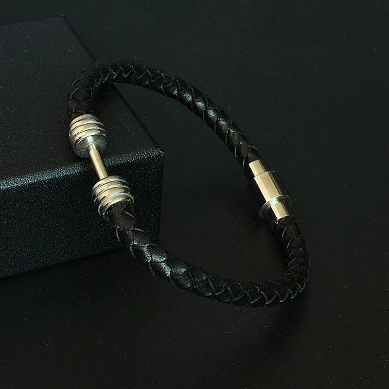 Men's Rainbow Leather Bracelet Dumbbell Steel Bangle Magnetic Charm Jewelry