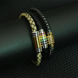 Men's Rainbow Leather Bracelet Dumbbell Steel Bangle Magnetic Charm Jewelry