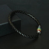 Men's Rainbow Leather Bracelet Dumbbell Steel Bangle Magnetic Charm Jewelry