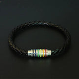 Men's Rainbow Leather Bracelet Dumbbell Steel Bangle Magnetic Charm Jewelry