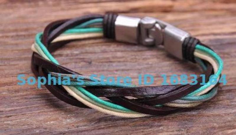G129 Metal Clasp Braided Hemp Leather Wristband Bracelet Cuff Multi-color