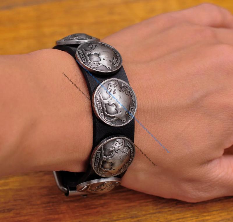 Western Metal America Coin Concho Leather Bracelet Cuff