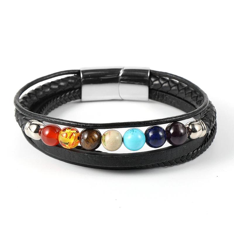 Men's 7 Chakra Stone Bead Leather Bracelet
