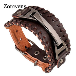 Vintage Punk Leather Bracelet 2 & Brown Clasp Multilayer Braid Rope Bracelet