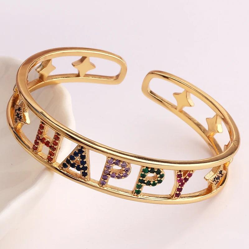 Rainbow CZ HAPPY Letter Cuff Bracelet For Women