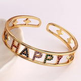 Rainbow CZ HAPPY Letter Cuff Bracelet For Women