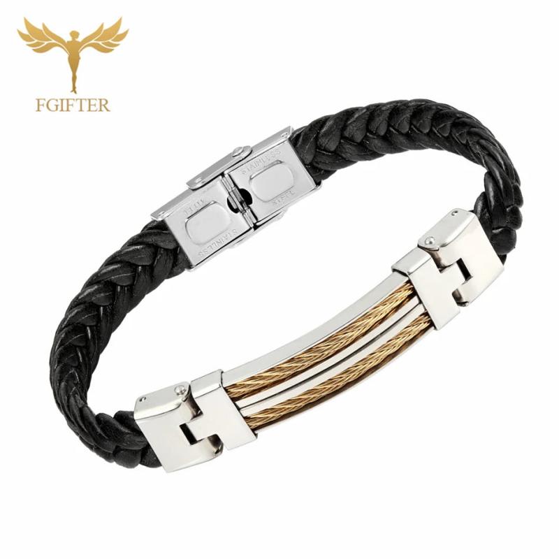 Men Leather Cuff Bracelet with Stainless Steel Accessory Pink Wires