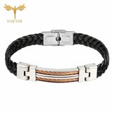 Men Leather Cuff Bracelet with Stainless Steel Accessory Pink Wires