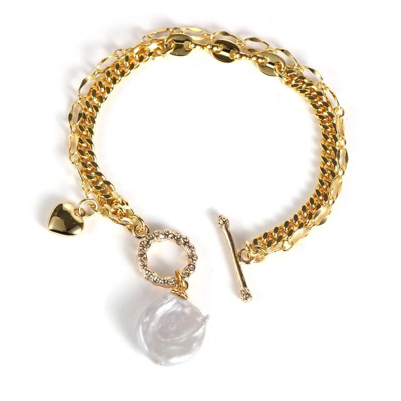Double Layers Brass18k Plated Chain Bracelet with Heart Baroque Pearl