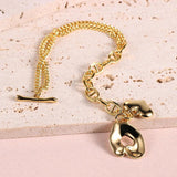Double Layers Brass18k Plated Chain Bracelet with Heart Baroque Pearl