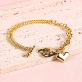 Double Layers Brass18k Plated Chain Bracelet with Heart Baroque Pearl