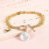 Double Layers Brass18k Plated Chain Bracelet with Heart Baroque Pearl