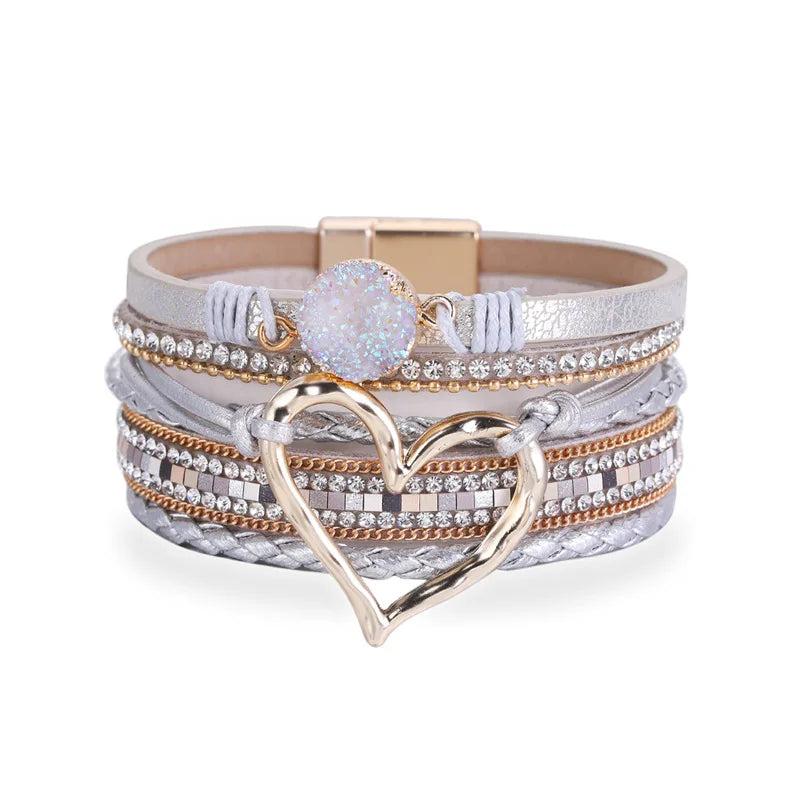 Ethnic Wide Cuff Bohemian Heart Bracelet Punk Rhinestone Bracelets