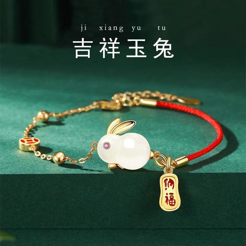 Chinese Jade Rabbit Moon Bracelet Beaded Hand Jewelry